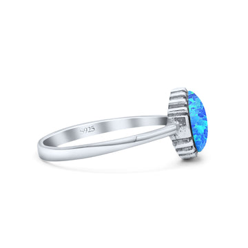 Petite Dainty Oxidized Thumb Ring Round Lab Created Blue Opal Solid 925 Sterling Silver